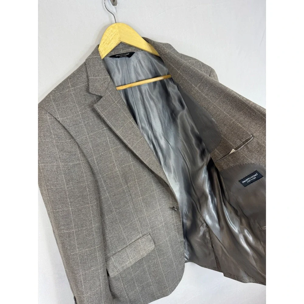 Pronto Uomo Couture Mens 44 Short Brown Windowpane Wool Silk Linen‎ Sport Coat